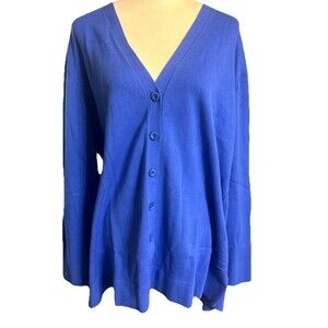 Chadwicks Womens 2X  100% Cotton Blue Knit V Neck Button Long Cardigan Sweater